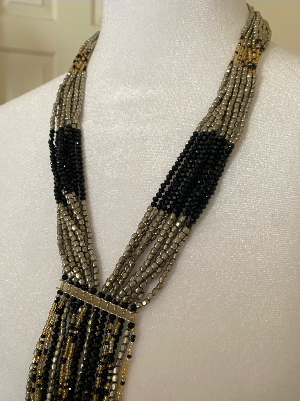 Hand beaded Black onyx and Gold Beaded Statement Necklace